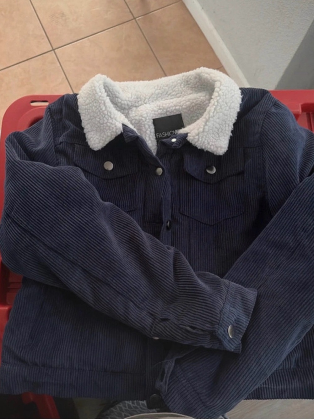 Fashion Nova Navy Corduroy Jacket with White Sherpa Collar